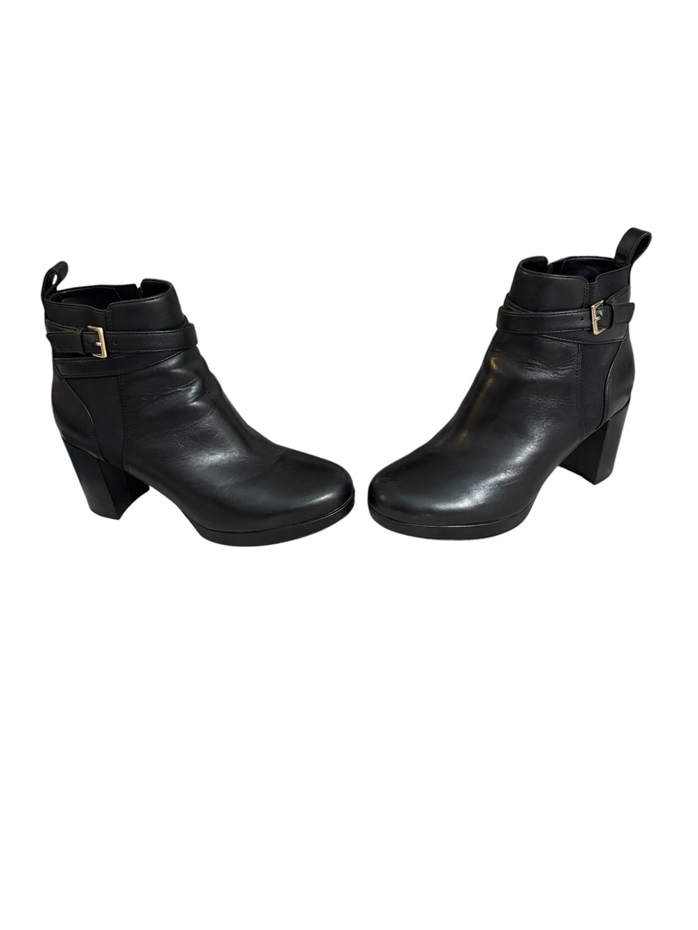 Vionic Black Leather Ankle Booties with Block Heel and Buckle